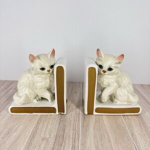 Lefton Japan Cat Kitten Bookends White Ceramic Gold Trim Vintage Pair READ